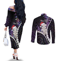 New Zealand Personalised Couples Matching Off The Shoulder Long Sleeve Dress and Long Sleeve Button Shirt Meri Kirihimete Kowhaiwhai Mix Paua Shell - Amethys LT7 - Polynesian Pride