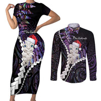 New Zealand Personalised Couples Matching Short Sleeve Bodycon Dress and Long Sleeve Button Shirt Meri Kirihimete Kowhaiwhai Mix Paua Shell - Amethys LT7 Purple - Polynesian Pride