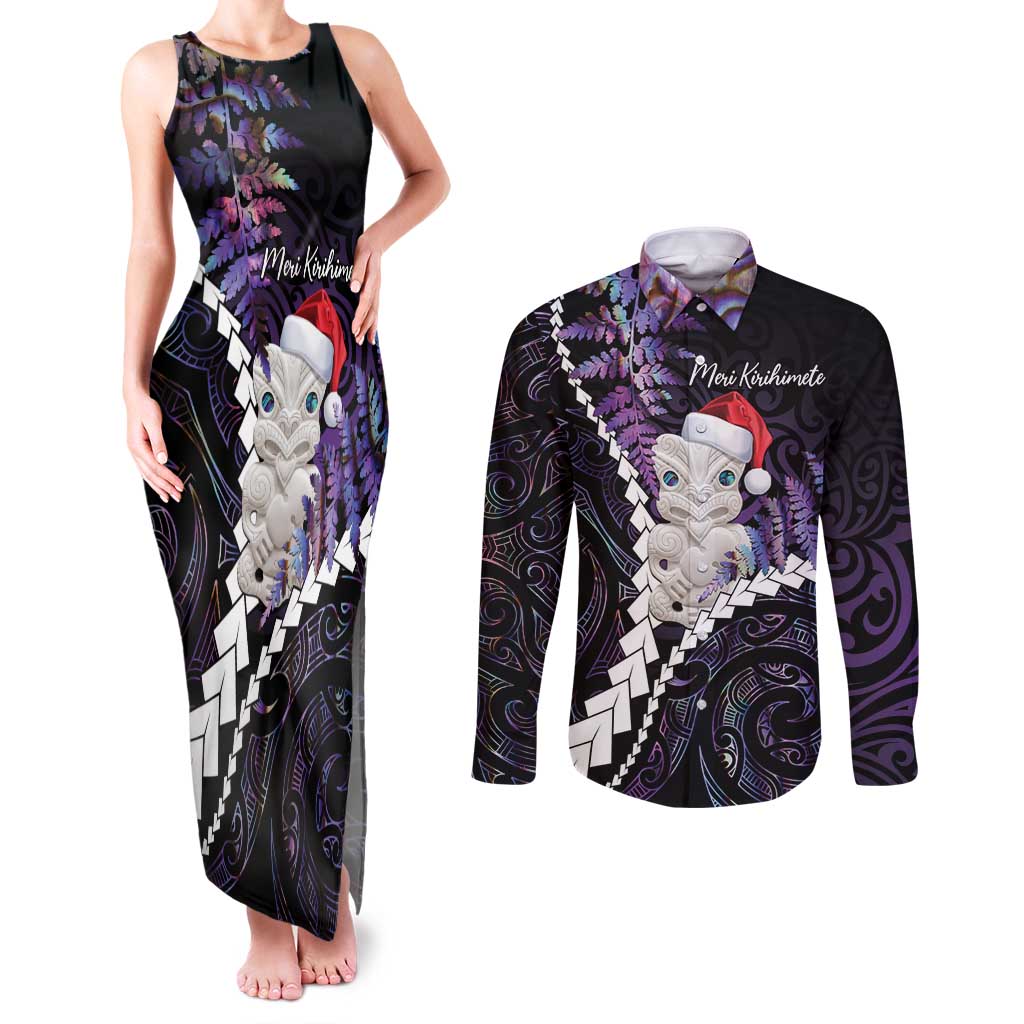 New Zealand Personalised Couples Matching Tank Maxi Dress and Long Sleeve Button Shirt Meri Kirihimete Kowhaiwhai Mix Paua Shell - Amethys LT7 Purple - Polynesian Pride