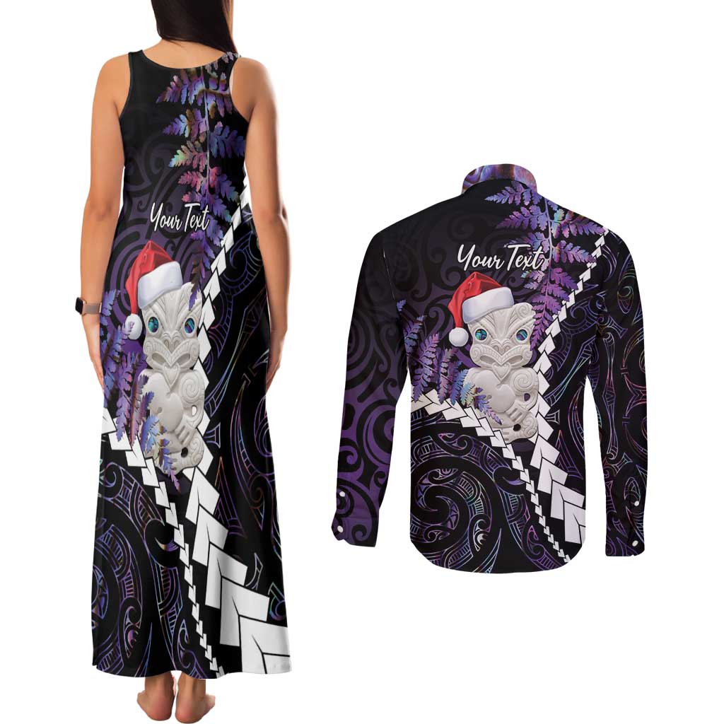 New Zealand Personalised Couples Matching Tank Maxi Dress and Long Sleeve Button Shirt Meri Kirihimete Kowhaiwhai Mix Paua Shell - Amethys LT7 - Polynesian Pride