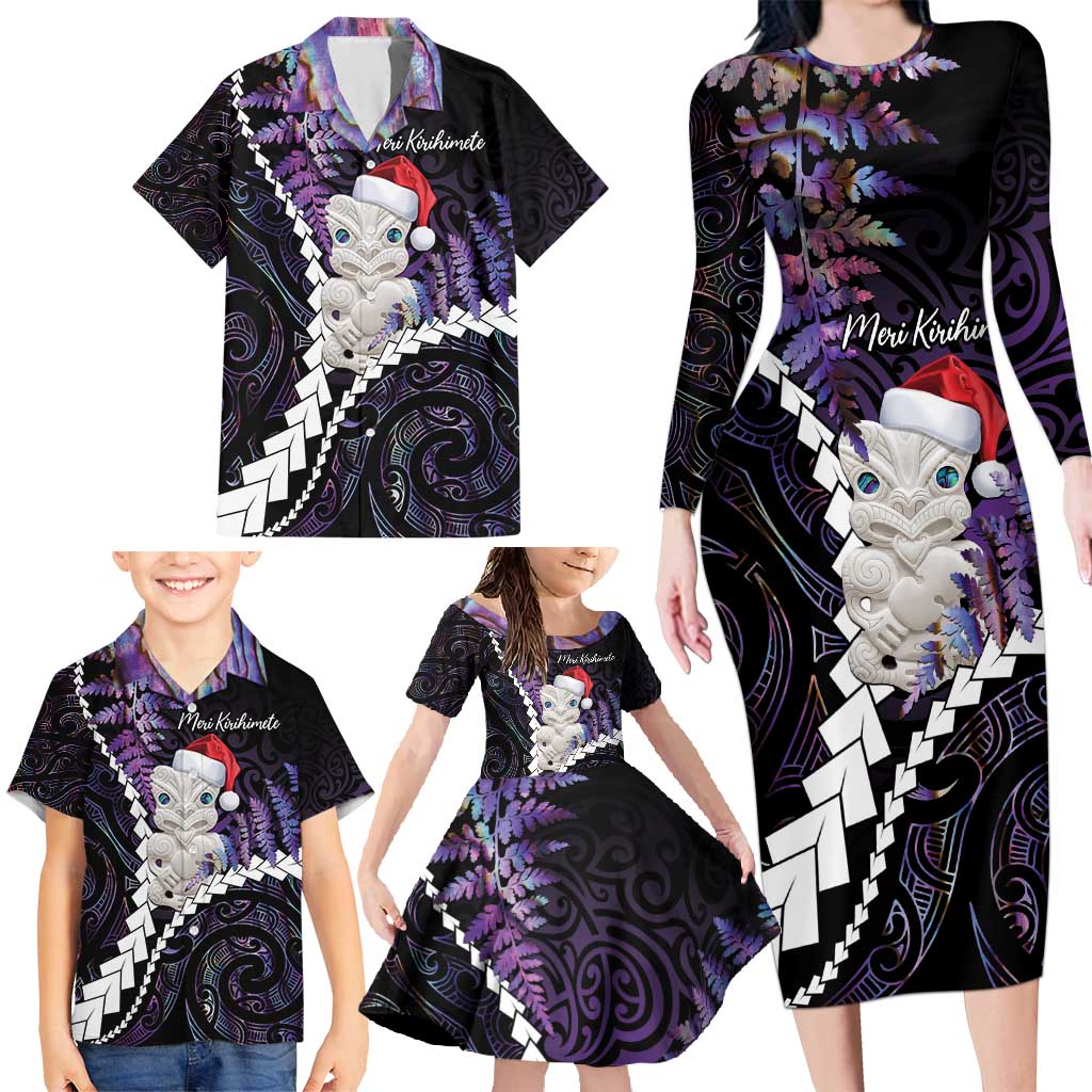 New Zealand Personalised Family Matching Long Sleeve Bodycon Dress and Hawaiian Shirt Meri Kirihimete Kowhaiwhai Mix Paua Shell - Amethys LT7 - Polynesian Pride