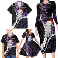 New Zealand Personalised Family Matching Long Sleeve Bodycon Dress and Hawaiian Shirt Meri Kirihimete Kowhaiwhai Mix Paua Shell - Amethys LT7 - Polynesian Pride
