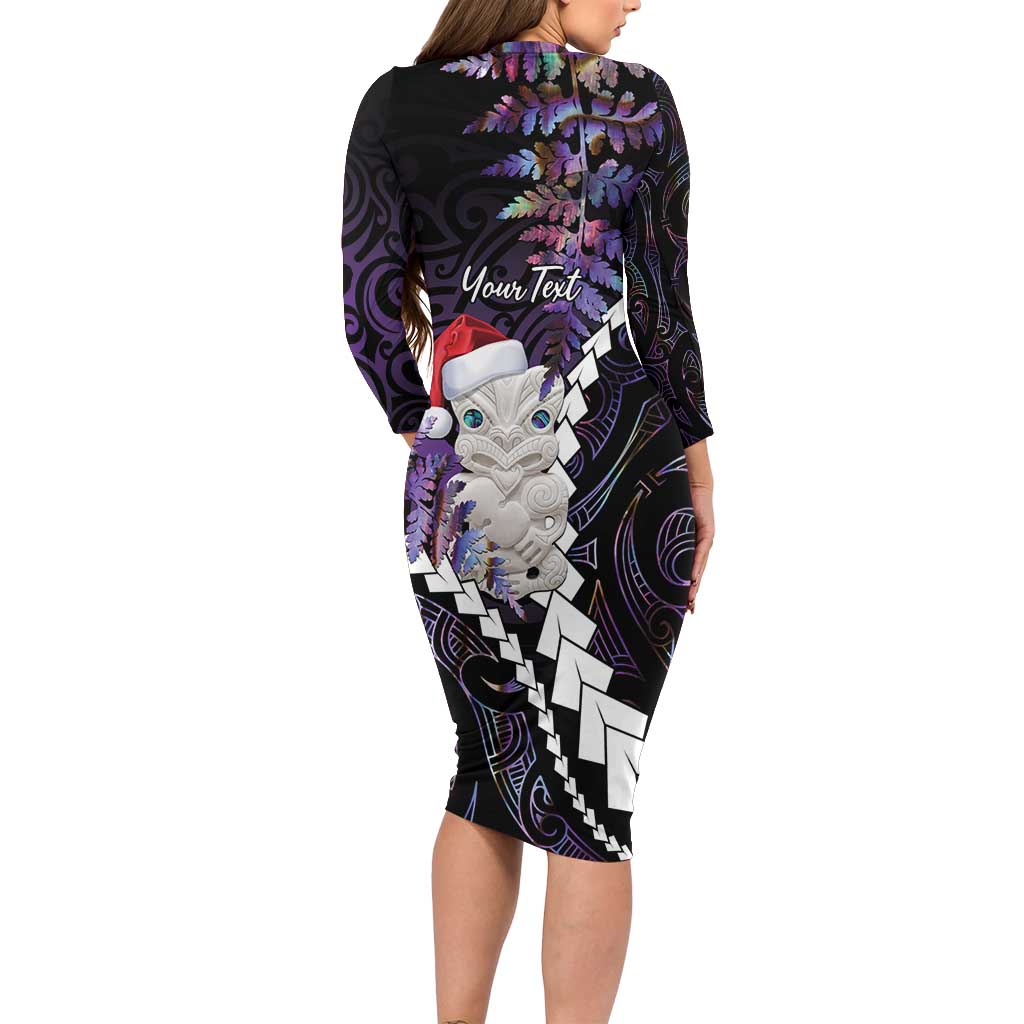 New Zealand Personalised Family Matching Long Sleeve Bodycon Dress and Hawaiian Shirt Meri Kirihimete Kowhaiwhai Mix Paua Shell - Amethys LT7 - Polynesian Pride