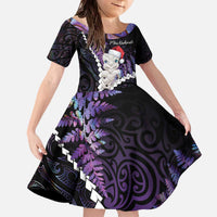 New Zealand Personalised Family Matching Off The Shoulder Long Sleeve Dress and Hawaiian Shirt Meri Kirihimete Kowhaiwhai Mix Paua Shell - Amethys LT7 Daughter's Dress Purple - Polynesian Pride