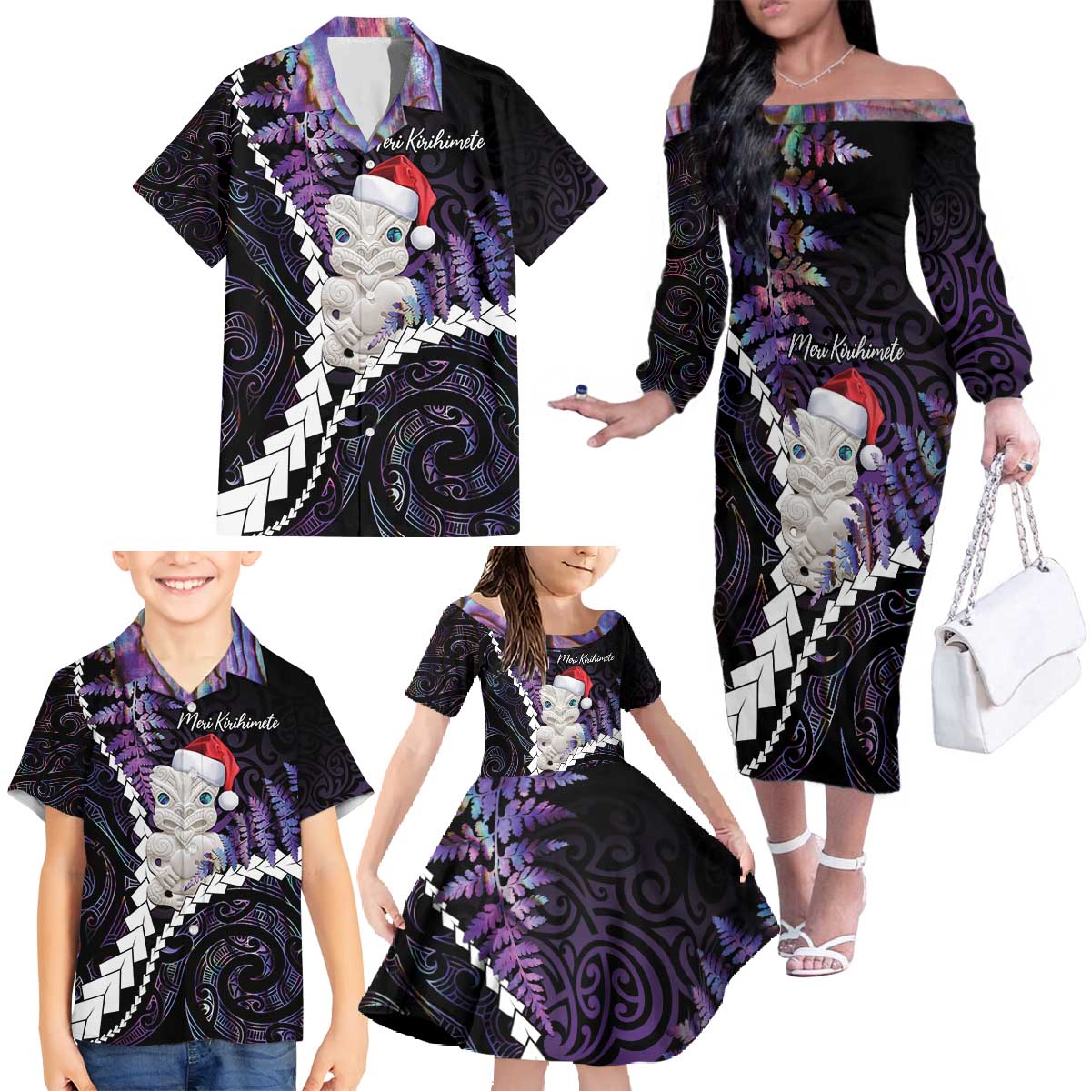 New Zealand Personalised Family Matching Off The Shoulder Long Sleeve Dress and Hawaiian Shirt Meri Kirihimete Kowhaiwhai Mix Paua Shell - Amethys LT7 - Polynesian Pride