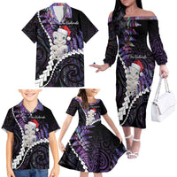 New Zealand Personalised Family Matching Off The Shoulder Long Sleeve Dress and Hawaiian Shirt Meri Kirihimete Kowhaiwhai Mix Paua Shell - Amethys LT7 - Polynesian Pride