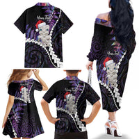 New Zealand Personalised Family Matching Off The Shoulder Long Sleeve Dress and Hawaiian Shirt Meri Kirihimete Kowhaiwhai Mix Paua Shell - Amethys LT7 - Polynesian Pride