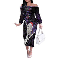New Zealand Personalised Family Matching Off The Shoulder Long Sleeve Dress and Hawaiian Shirt Meri Kirihimete Kowhaiwhai Mix Paua Shell - Amethys LT7 Mom's Dress Purple - Polynesian Pride