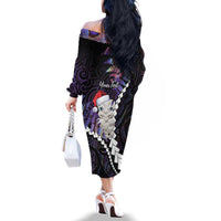 New Zealand Personalised Family Matching Off The Shoulder Long Sleeve Dress and Hawaiian Shirt Meri Kirihimete Kowhaiwhai Mix Paua Shell - Amethys LT7 - Polynesian Pride