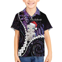 New Zealand Personalised Family Matching Off The Shoulder Long Sleeve Dress and Hawaiian Shirt Meri Kirihimete Kowhaiwhai Mix Paua Shell - Amethys LT7 Son's Shirt Purple - Polynesian Pride