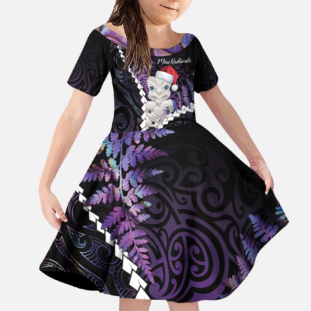 New Zealand Personalised Family Matching Off Shoulder Maxi Dress and Hawaiian Shirt Meri Kirihimete Kowhaiwhai Mix Paua Shell - Amethys LT7 Daughter's Dress Purple - Polynesian Pride