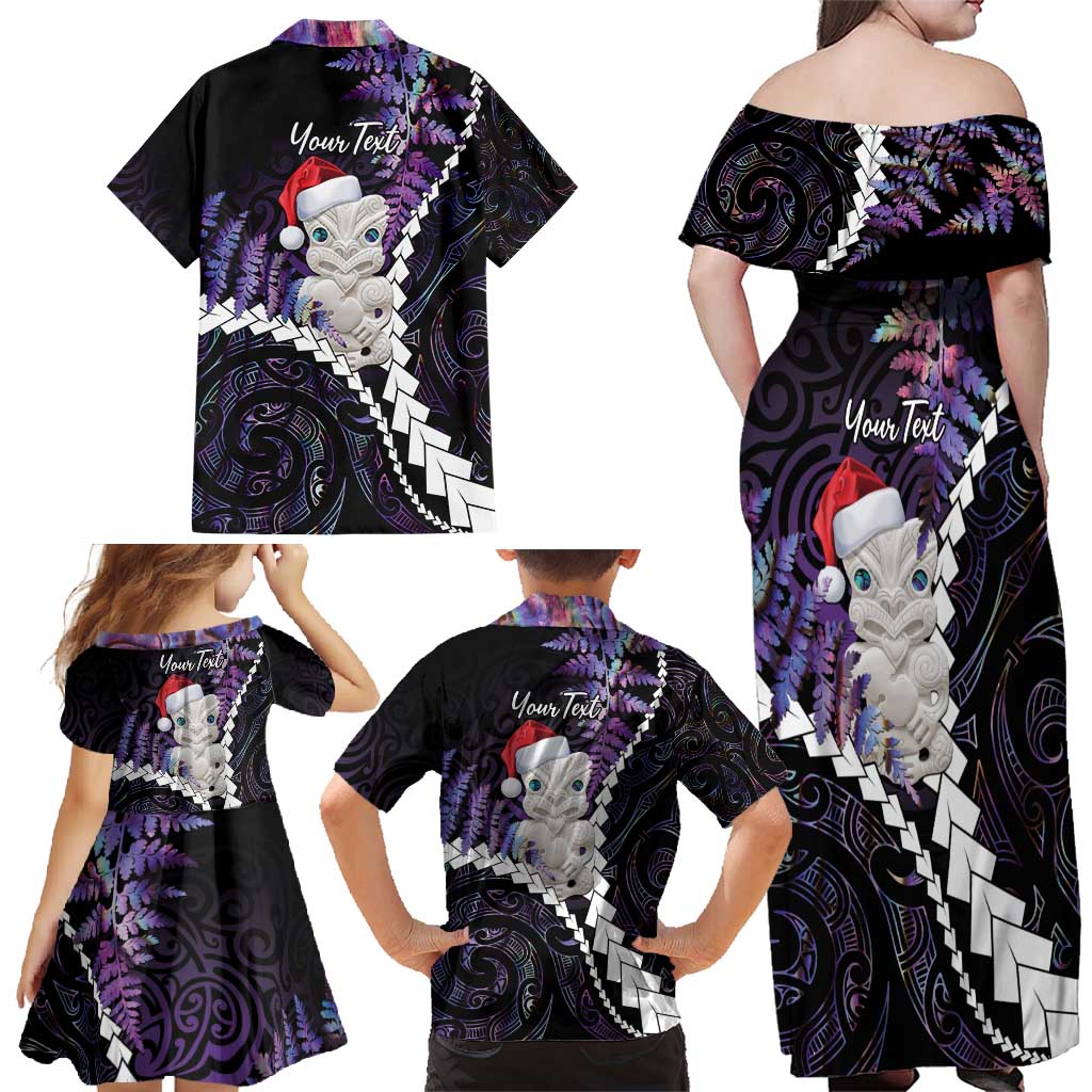 New Zealand Personalised Family Matching Off Shoulder Maxi Dress and Hawaiian Shirt Meri Kirihimete Kowhaiwhai Mix Paua Shell - Amethys LT7 - Polynesian Pride