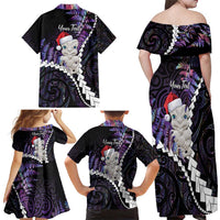 New Zealand Personalised Family Matching Off Shoulder Maxi Dress and Hawaiian Shirt Meri Kirihimete Kowhaiwhai Mix Paua Shell - Amethys LT7 - Polynesian Pride