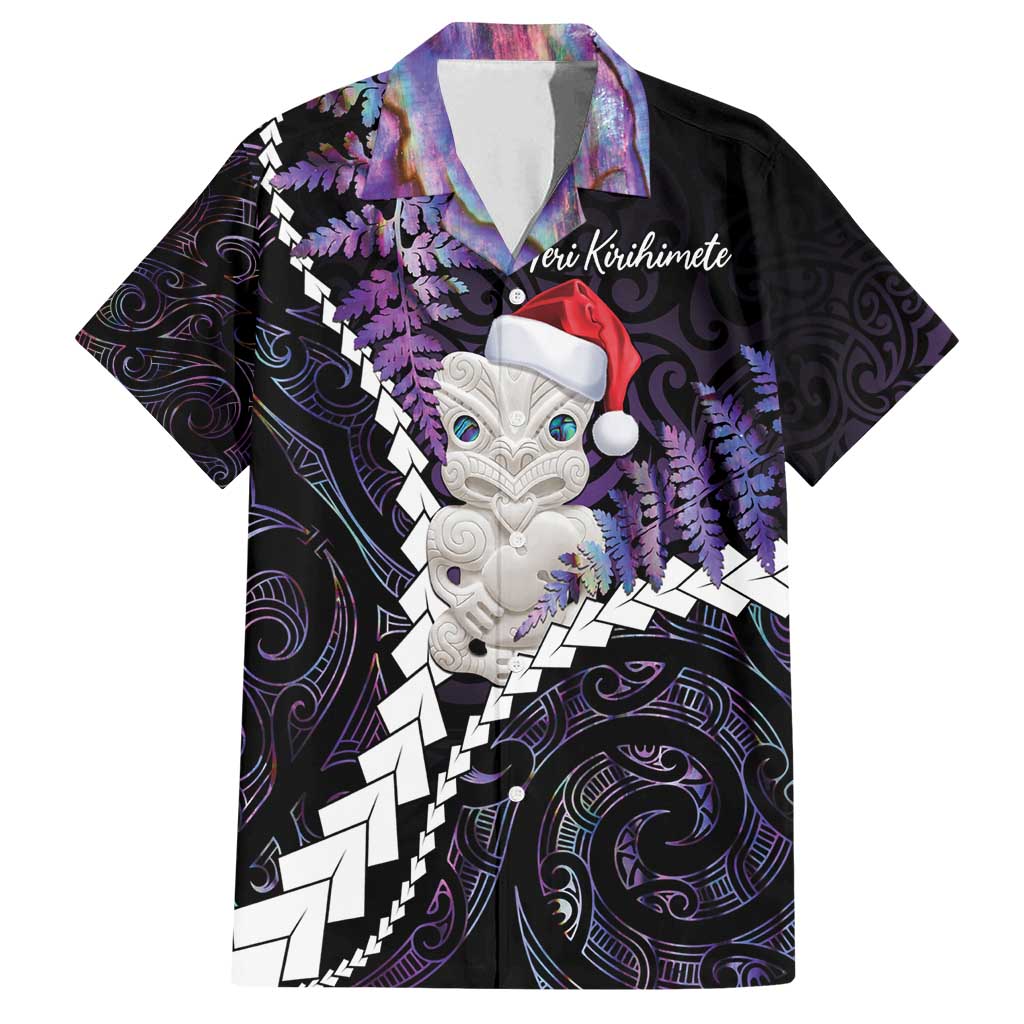 New Zealand Personalised Family Matching Off Shoulder Maxi Dress and Hawaiian Shirt Meri Kirihimete Kowhaiwhai Mix Paua Shell - Amethys LT7 Dad's Shirt - Short Sleeve Purple - Polynesian Pride