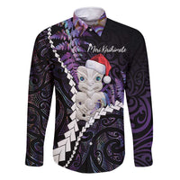 New Zealand Personalised Family Matching Off Shoulder Maxi Dress and Hawaiian Shirt Meri Kirihimete Kowhaiwhai Mix Paua Shell - Amethys LT7 Dad's Shirt - Long Sleeve Purple - Polynesian Pride