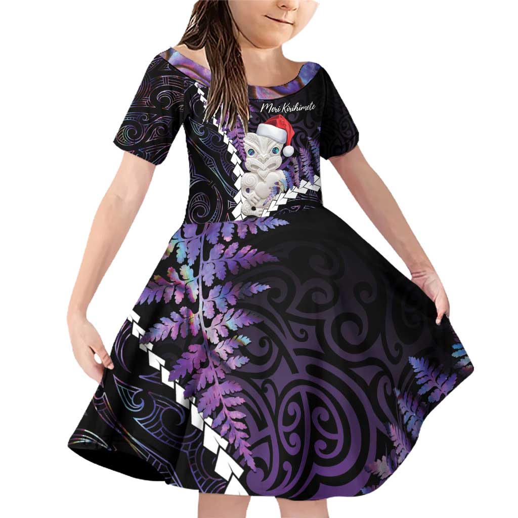 New Zealand Personalised Family Matching Off Shoulder Short Dress and Hawaiian Shirt Meri Kirihimete Kowhaiwhai Mix Paua Shell - Amethys LT7 Daughter's Dress Purple - Polynesian Pride
