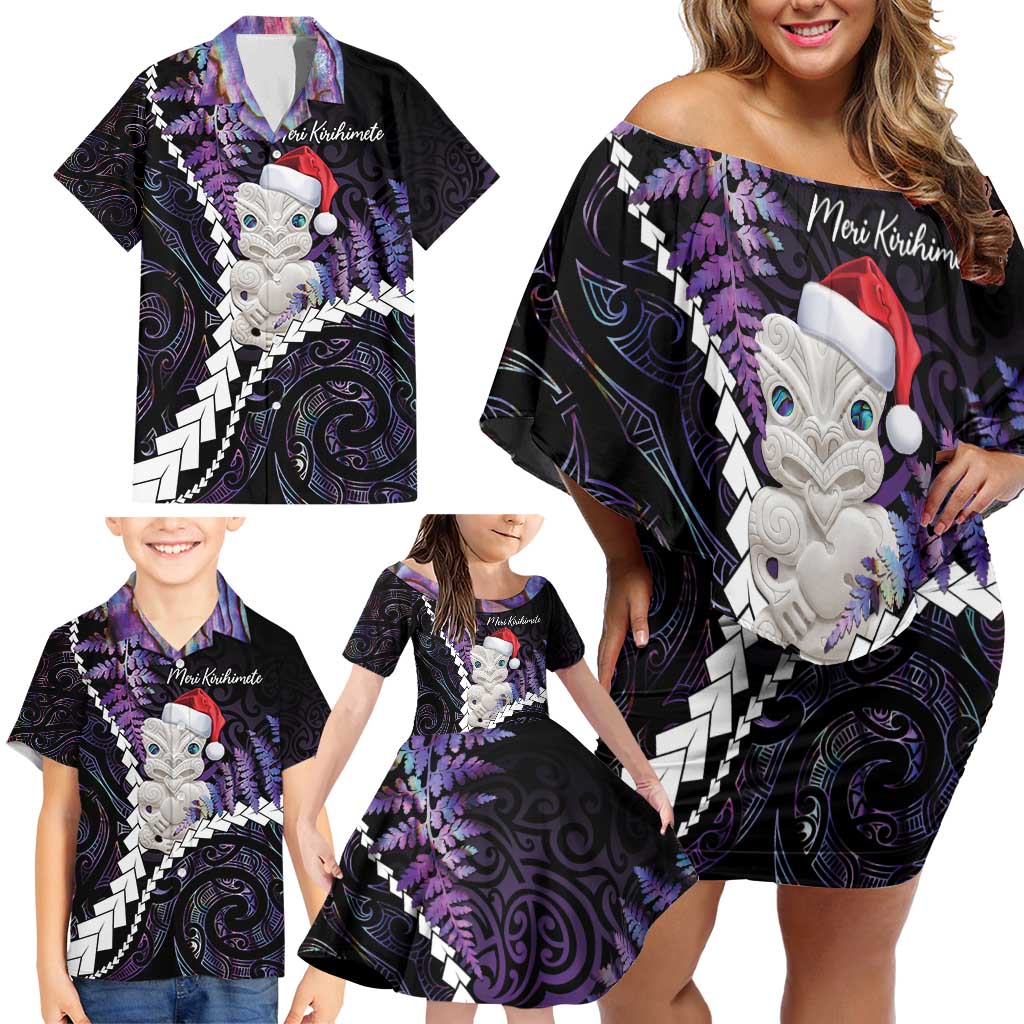 New Zealand Personalised Family Matching Off Shoulder Short Dress and Hawaiian Shirt Meri Kirihimete Kowhaiwhai Mix Paua Shell - Amethys LT7 - Polynesian Pride