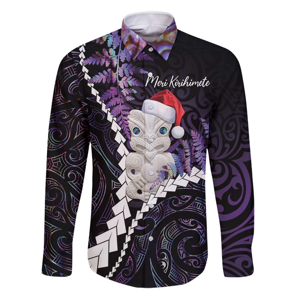 New Zealand Personalised Family Matching Off Shoulder Short Dress and Hawaiian Shirt Meri Kirihimete Kowhaiwhai Mix Paua Shell - Amethys LT7 Dad's Shirt - Long Sleeve Purple - Polynesian Pride