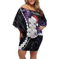 New Zealand Personalised Family Matching Off Shoulder Short Dress and Hawaiian Shirt Meri Kirihimete Kowhaiwhai Mix Paua Shell - Amethys LT7 Mom's Dress Purple - Polynesian Pride