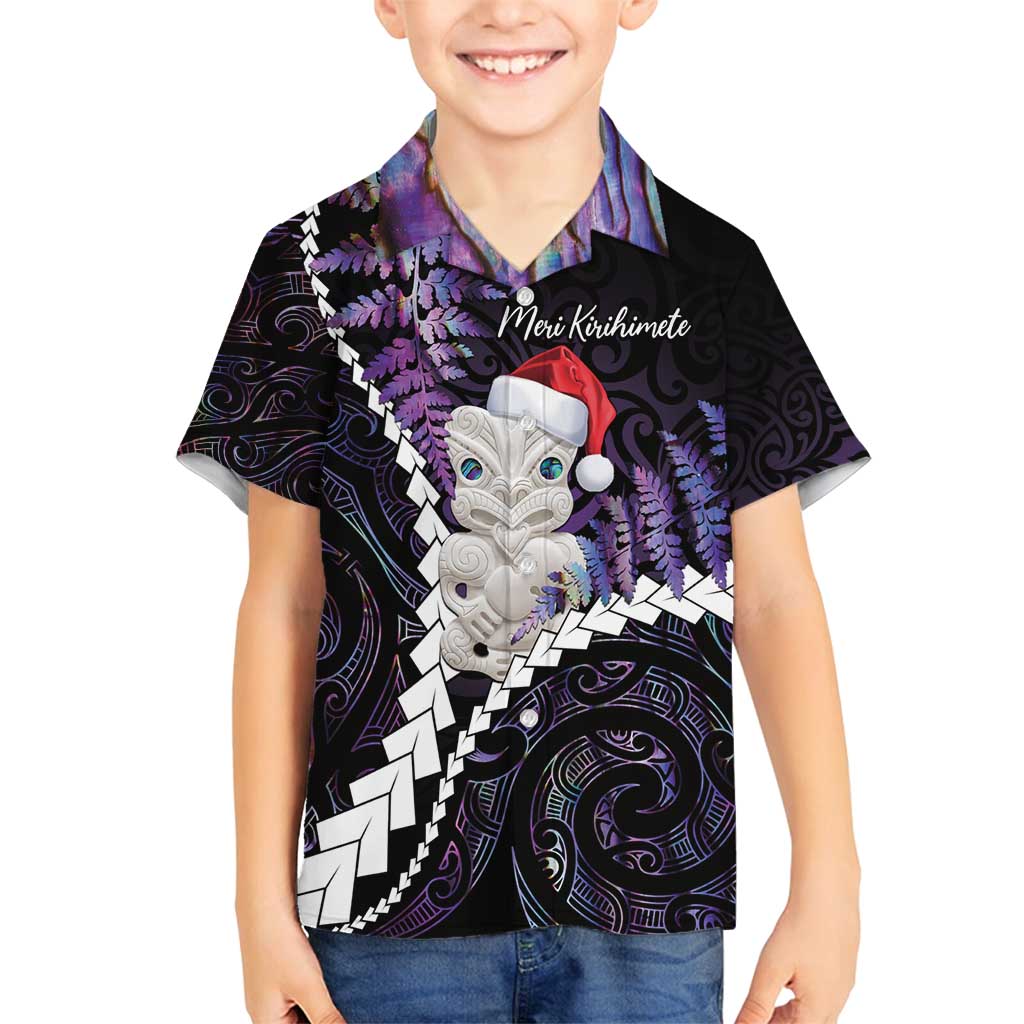New Zealand Personalised Family Matching Off Shoulder Short Dress and Hawaiian Shirt Meri Kirihimete Kowhaiwhai Mix Paua Shell - Amethys LT7 Son's Shirt Purple - Polynesian Pride