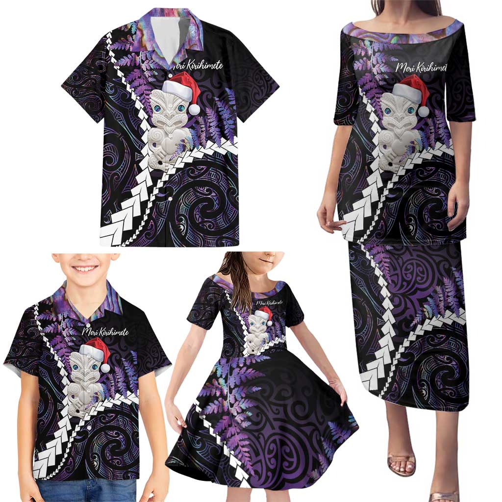 New Zealand Personalised Family Matching Puletasi and Hawaiian Shirt Meri Kirihimete Kowhaiwhai Mix Paua Shell - Amethys LT7 - Polynesian Pride