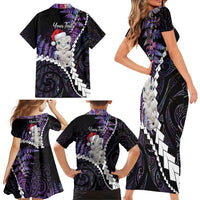New Zealand Personalised Family Matching Short Sleeve Bodycon Dress and Hawaiian Shirt Meri Kirihimete Kowhaiwhai Mix Paua Shell - Amethys LT7 - Polynesian Pride