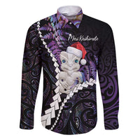 New Zealand Personalised Family Matching Short Sleeve Bodycon Dress and Hawaiian Shirt Meri Kirihimete Kowhaiwhai Mix Paua Shell - Amethys LT7 Dad's Shirt - Long Sleeve Purple - Polynesian Pride