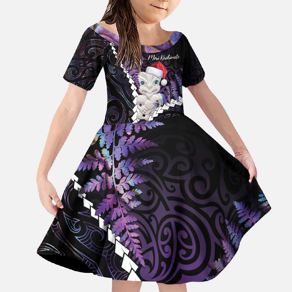New Zealand Personalised Family Matching Summer Maxi Dress and Hawaiian Shirt Meri Kirihimete Kowhaiwhai Mix Paua Shell - Amethys LT7 Daughter's Dress Purple - Polynesian Pride