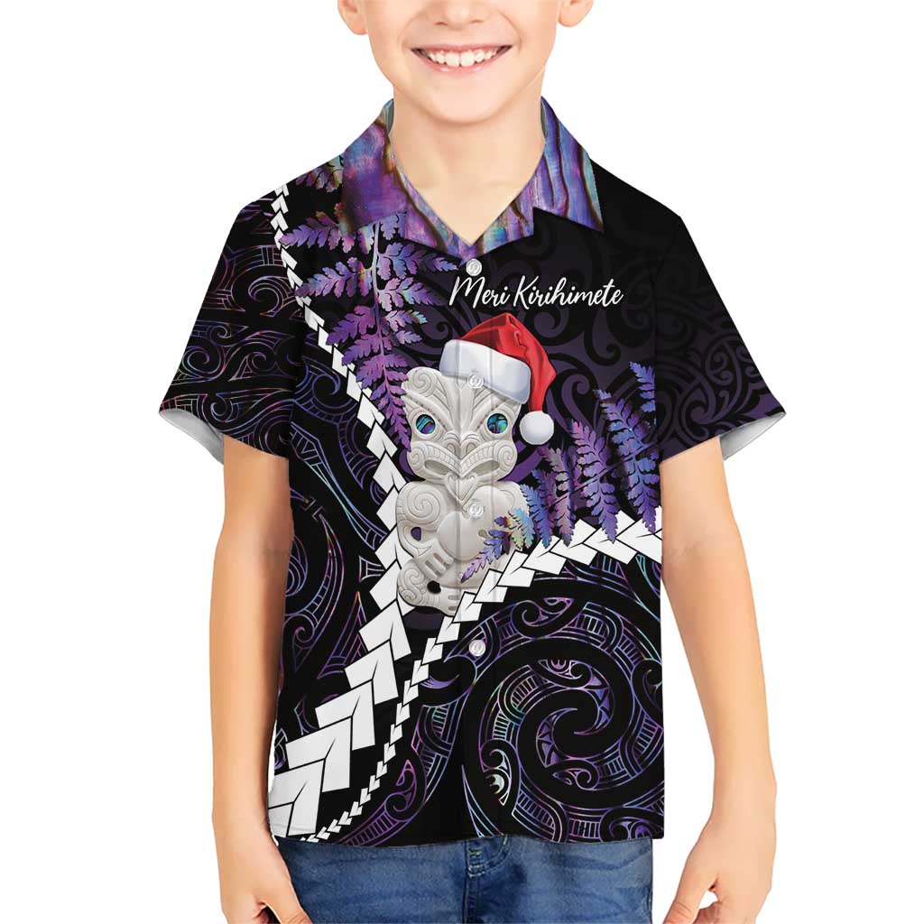 New Zealand Personalised Kid Hawaiian Shirt Meri Kirihimete Kowhaiwhai Mix Paua Shell - Amethys LT7 Kid Purple - Polynesian Pride