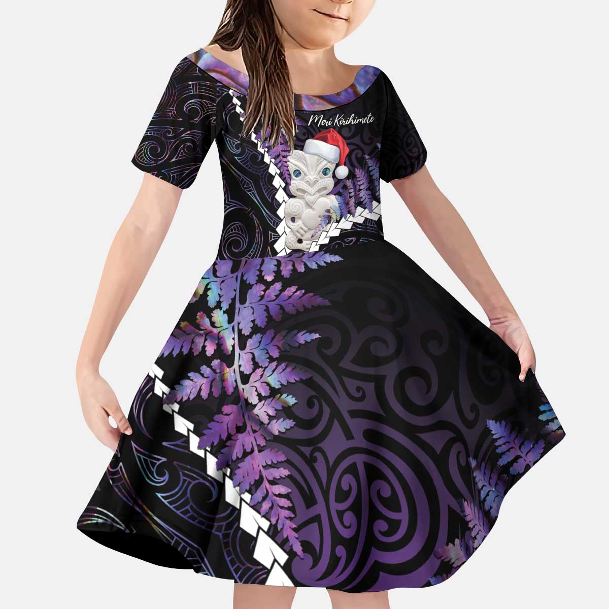 New Zealand Personalised Kid Short Sleeve Dress Meri Kirihimete Kowhaiwhai Mix Paua Shell - Amethys LT7 KID Purple - Polynesian Pride