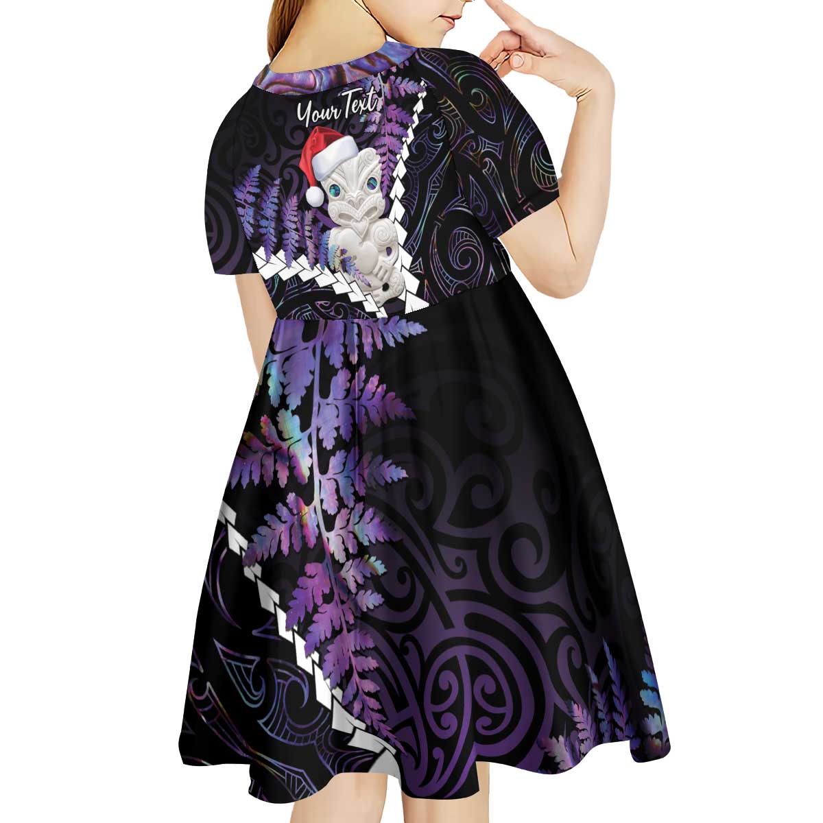 New Zealand Personalised Kid Short Sleeve Dress Meri Kirihimete Kowhaiwhai Mix Paua Shell - Amethys LT7 - Polynesian Pride