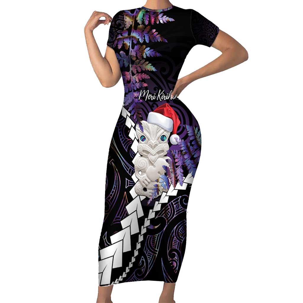 New Zealand Personalised Short Sleeve Bodycon Dress Meri Kirihimete Kowhaiwhai Mix Paua Shell - Amethys LT7 Long Dress Purple - Polynesian Pride