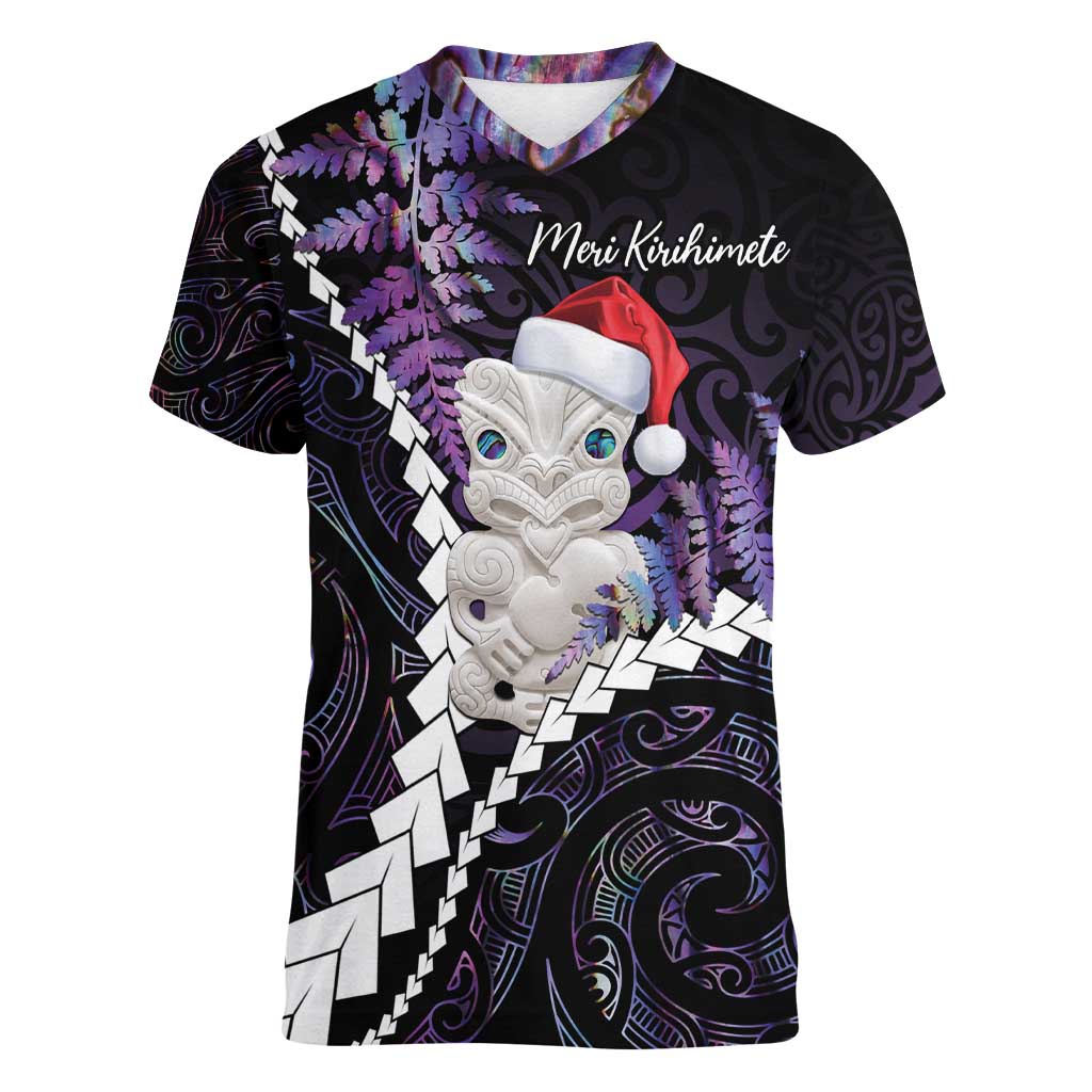 New Zealand Personalised Women V-Neck T-Shirt Meri Kirihimete Kowhaiwhai Mix Paua Shell - Amethys