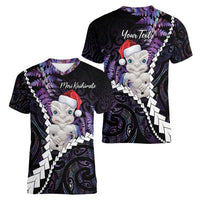 New Zealand Personalised Women V-Neck T-Shirt Meri Kirihimete Kowhaiwhai Mix Paua Shell - Amethys