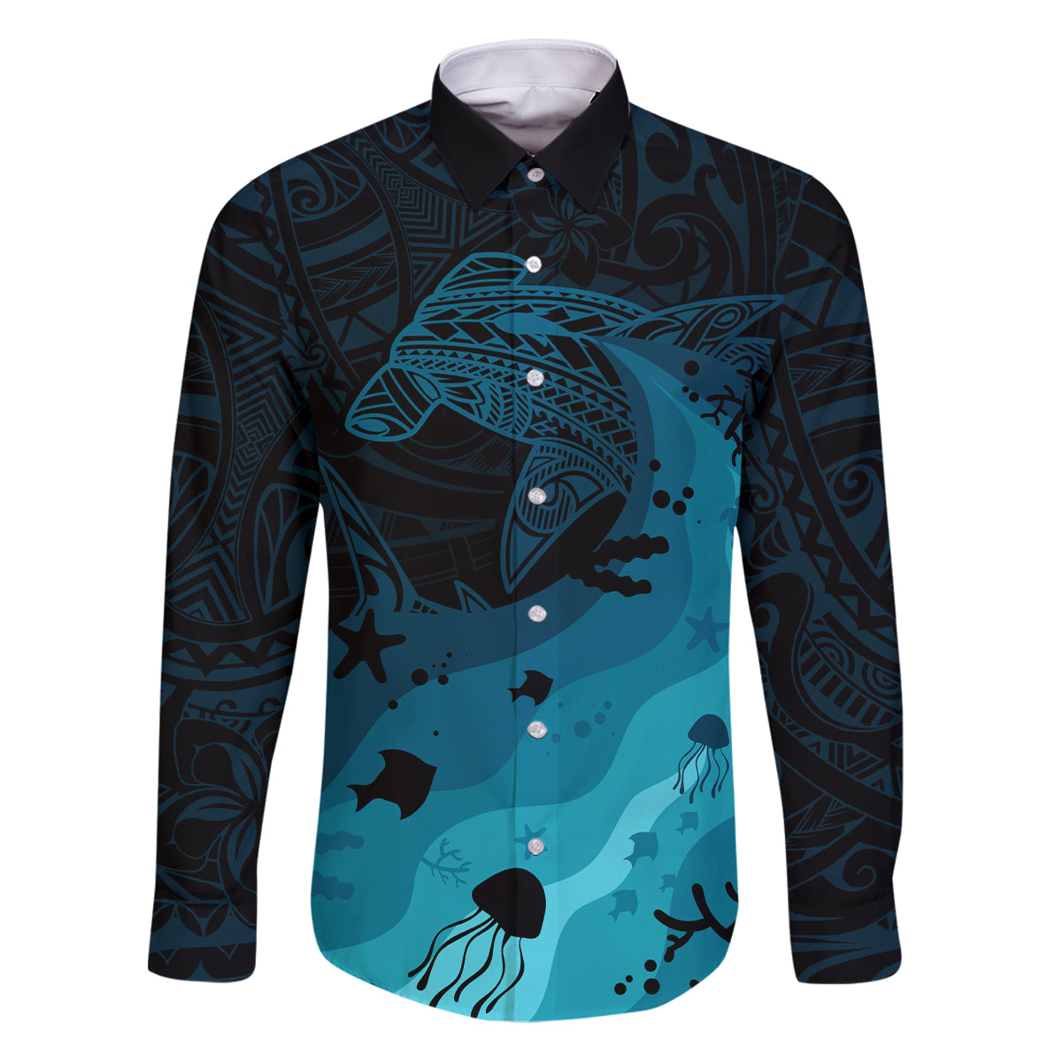 Polynesian Shark Family Matching Puletasi Dress and Hawaiian Shirt Under The Waves LT7 Dad's Shirt - Long Sleeve Dark Blue - Polynesian Pride