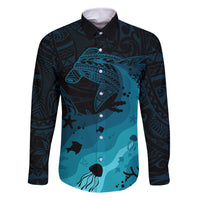 Polynesian Shark Family Matching Tank Maxi Dress and Hawaiian Shirt Under The Waves LT7 Dad's Shirt - Long Sleeve Dark Blue - Polynesian Pride