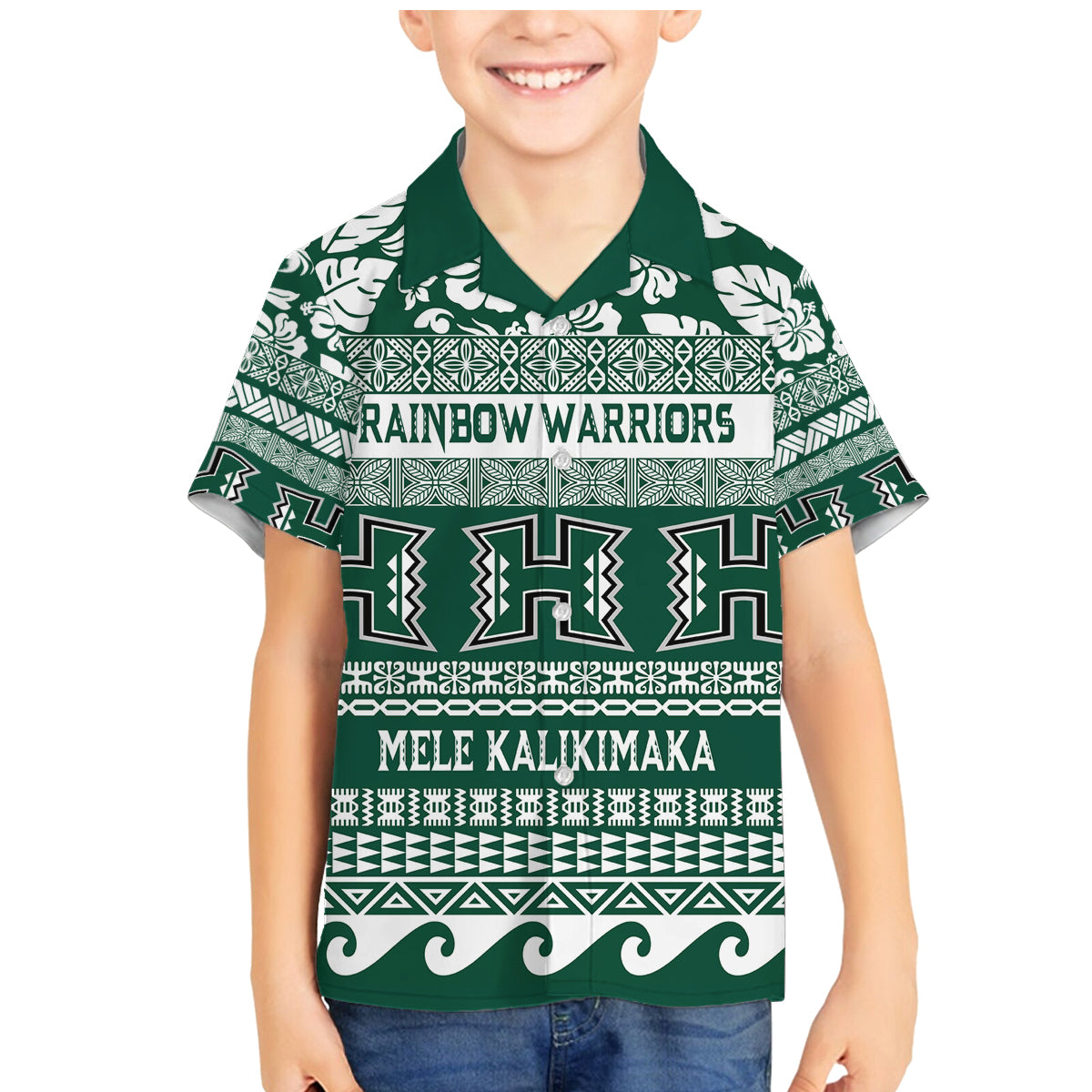 Hawaii Rainbow Warriors Christmas Family Matching Mermaid Dress and Hawaiian Shirt Kakau Motifs LT7 Son's Shirt Green - Polynesian Pride