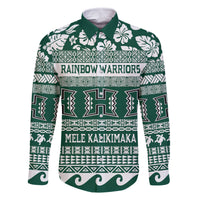 Hawaii Rainbow Warriors Christmas Family Matching Off Shoulder Short Dress and Hawaiian Shirt Kakau Motifs LT7 Dad's Shirt - Long Sleeve Green - Polynesian Pride