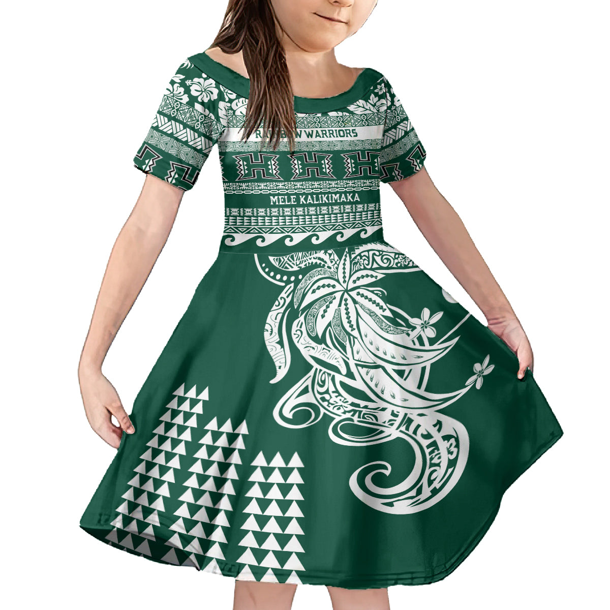 Hawaii Rainbow Warriors Christmas Family Matching Tank Maxi Dress and Hawaiian Shirt Kakau Motifs LT7 Daughter's Dress Green - Polynesian Pride