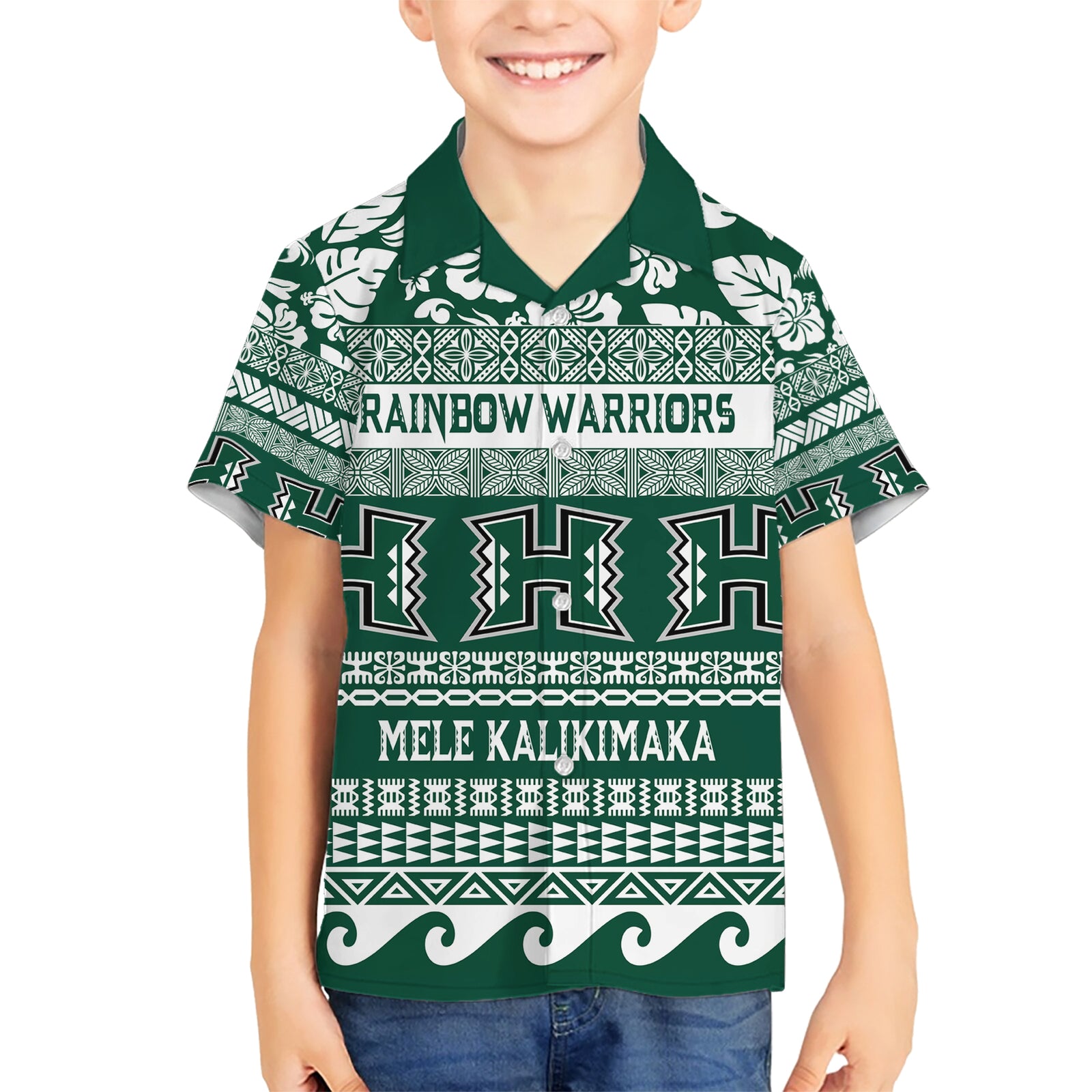 Hawaii Rainbow Warriors Christmas Kid Hawaiian Shirt Kakau Motifs LT7 Kid Green - Polynesian Pride