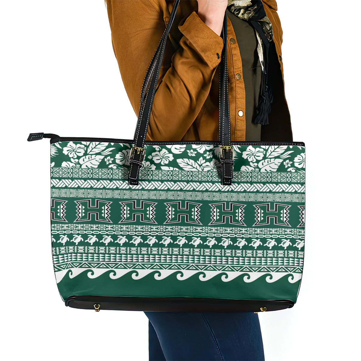 Hawaii Rainbow Warriors Christmas Leather Tote Bag Kakau Motifs LT7 - Polynesian Pride