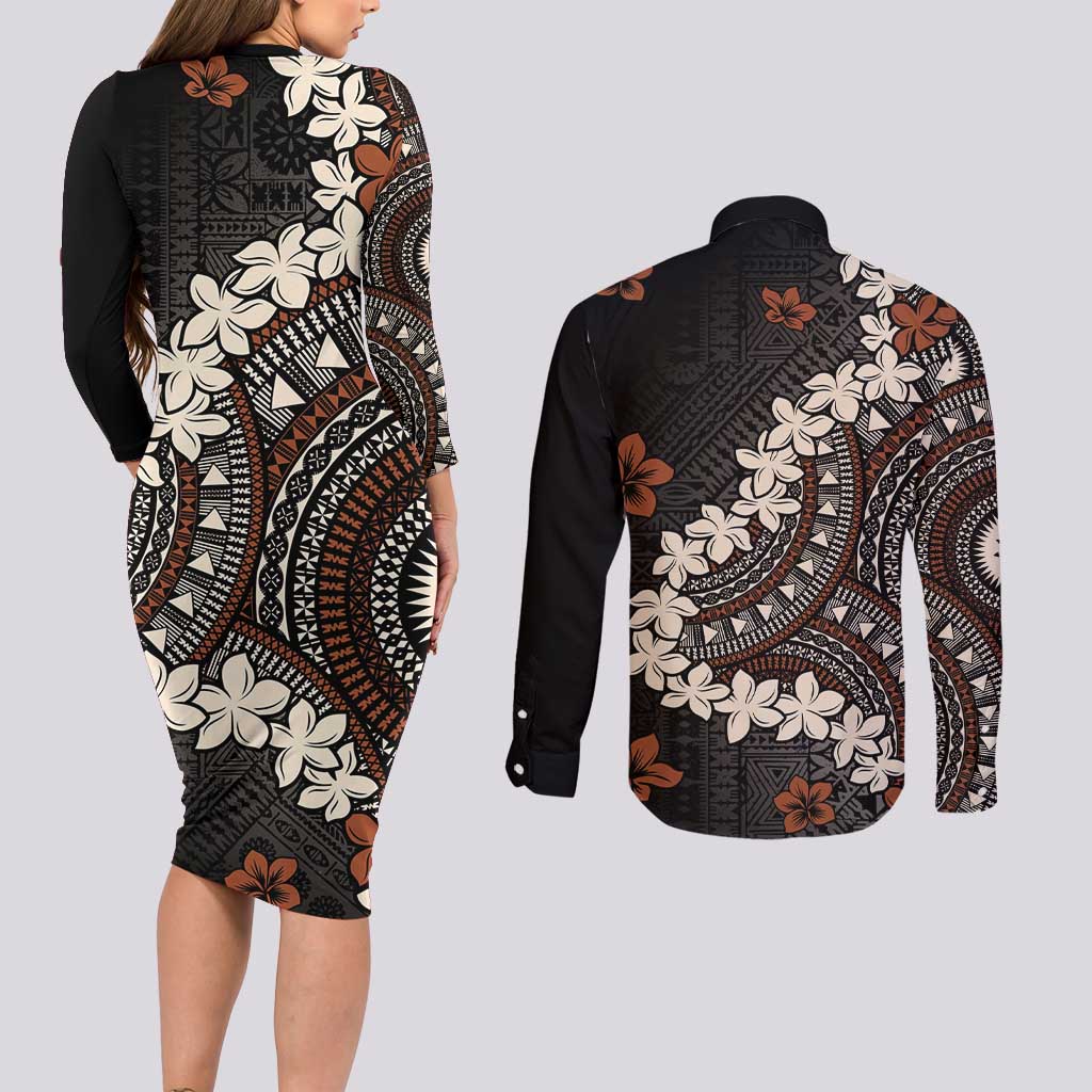 Bula Fiji Women's Day Couples Matching Long Sleeve Bodycon Dress and Long Sleeve Button Shirt Classic Masi Tapa