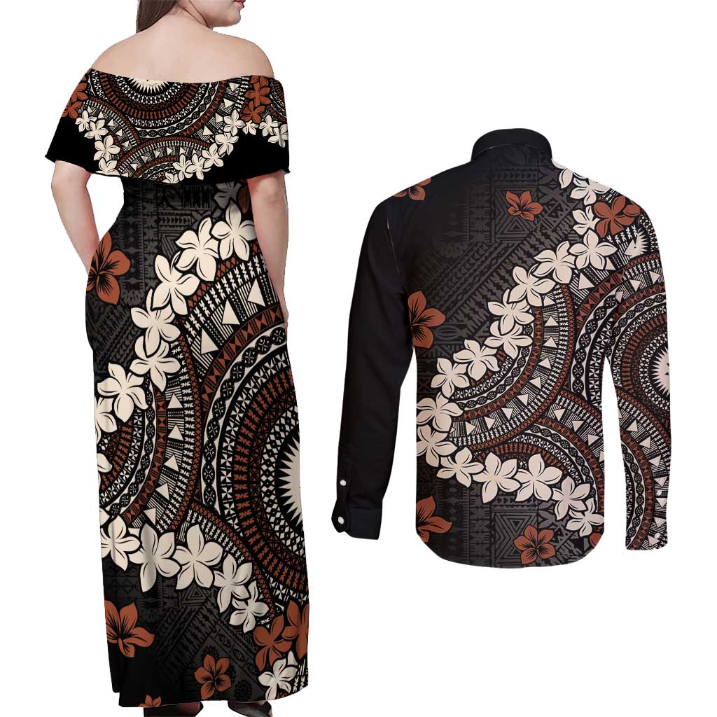 Bula Fiji Women's Day Couples Matching Off Shoulder Maxi Dress and Long Sleeve Button Shirt Classic Masi Tapa