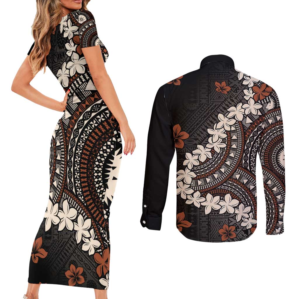 Bula Fiji Women's Day Couples Matching Short Sleeve Bodycon Dress and Long Sleeve Button Shirt Classic Masi Tapa