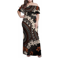 Bula Fiji Women's Day Family Matching Off Shoulder Maxi Dress and Hawaiian Shirt Classic Masi Tapa LT7 Mom's Dress Brown - Polynesian Pride