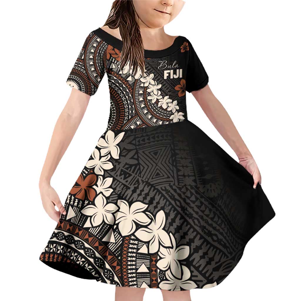 Bula Fiji Women's Day Family Matching Off Shoulder Short Dress and Hawaiian Shirt Classic Masi Tapa LT7 Daughter's Dress Brown - Polynesian Pride