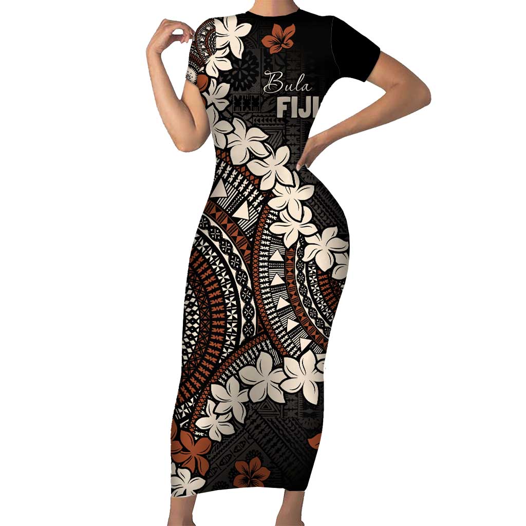 Bula Fiji Women's Day Family Matching Short Sleeve Bodycon Dress and Hawaiian Shirt Classic Masi Tapa LT7 Mom's Dress Brown - Polynesian Pride