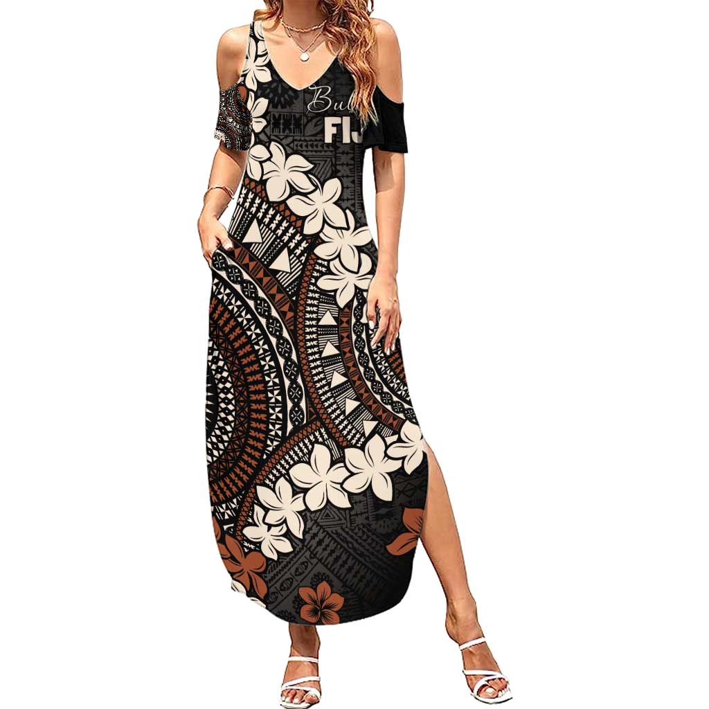 Bula Fiji Women's Day Family Matching Summer Maxi Dress and Hawaiian Shirt Classic Masi Tapa LT7 Mom's Dress Brown - Polynesian Pride