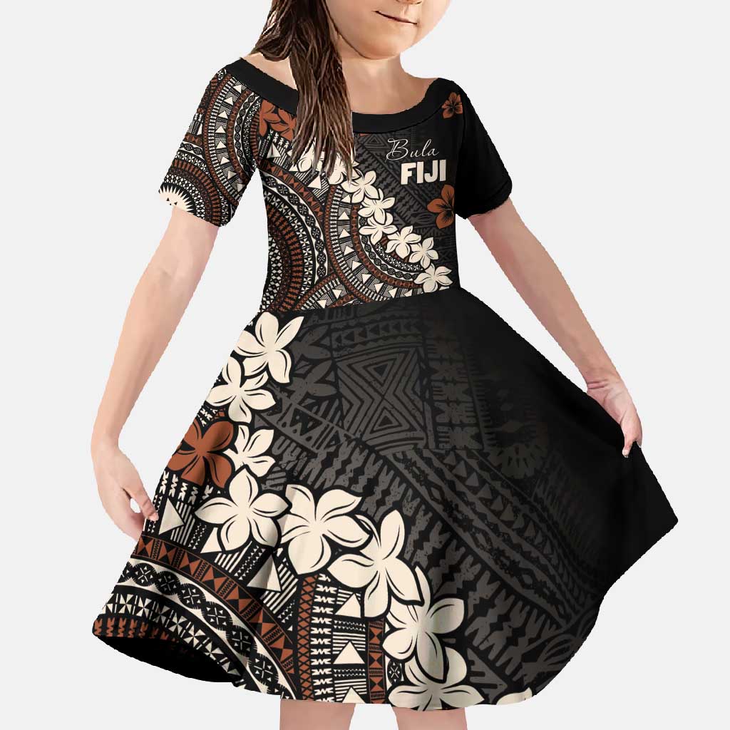 Bula Fiji Women's Day Family Matching Tank Maxi Dress and Hawaiian Shirt Classic Masi Tapa LT7 Daughter's Dress Brown - Polynesian Pride