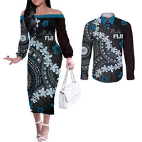 Bula Fiji Women's Day Couples Matching Off The Shoulder Long Sleeve Dress and Long Sleeve Button Shirt Indigo Masi Tapa